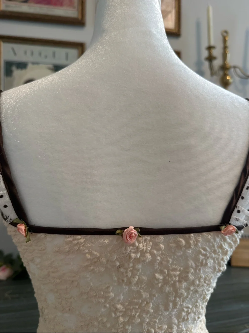 Free People Up cycled Cream Lace Top with Brown Polka-Dot Ruffle and Pink Flower